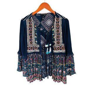Aqua BOHO Embroidered Top Size Small Open Front Beaded Sequin Boho Fringe Floral